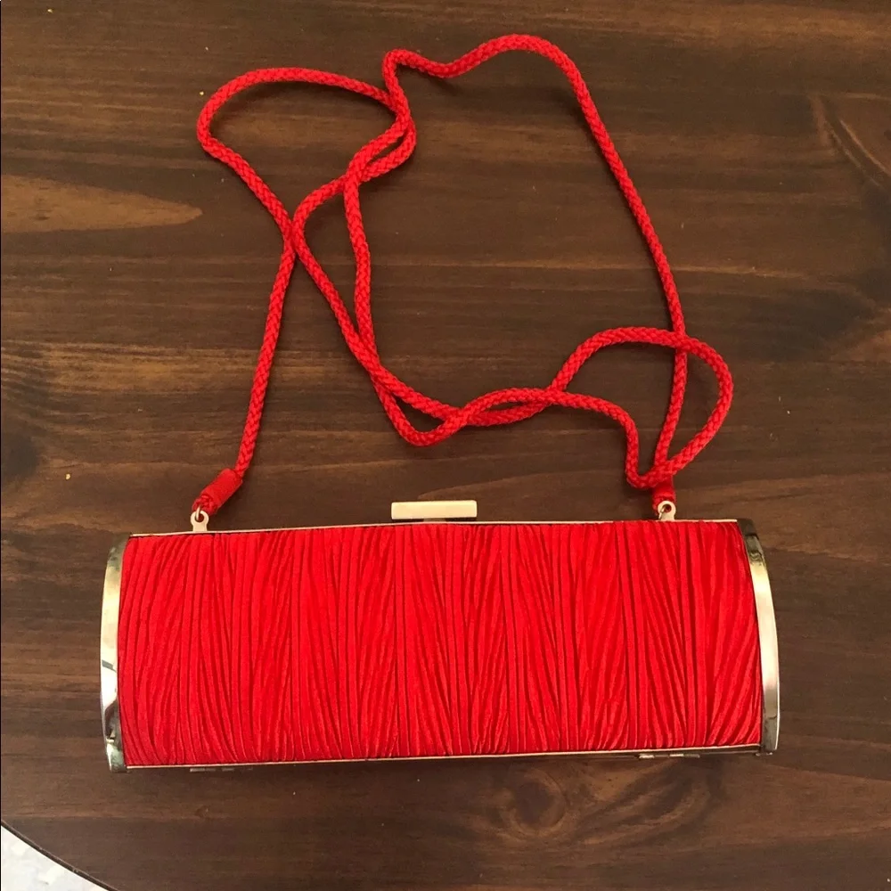 Red Ruched Evening Clutch Bag with Shoulder Strap